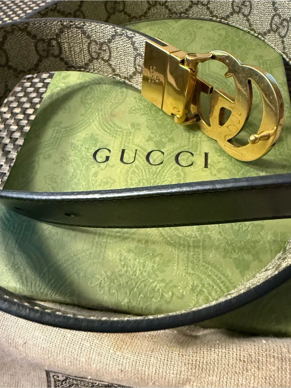 Gucci Black Leather Belt with Gold Double G Buckle and GG Reversible